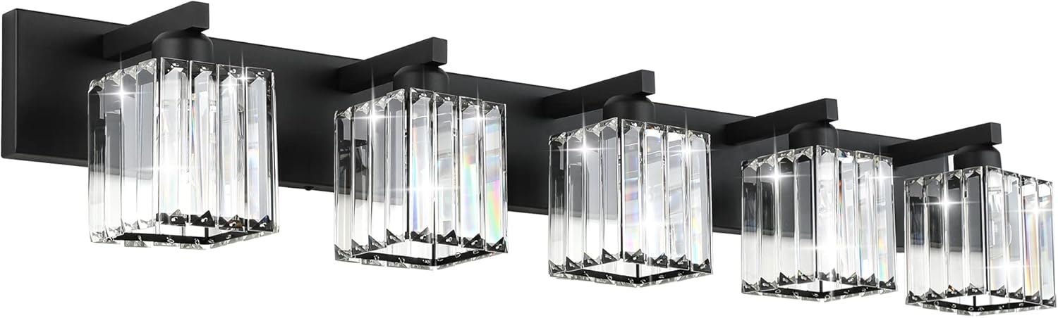 Modern 5 Light Crystal Bathroom Vanity Light Fixture in Black