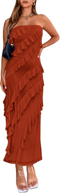 Women Strapless Mesh Midi Ruched Bodycon Dress - Elegant Summerwear