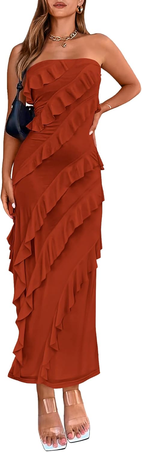 BTFBM Women Summer Elegant Strapless Midi Ruched Bodycon Dress