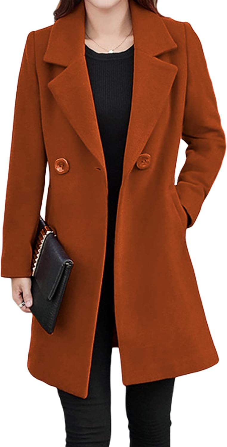 Elegant Notched Collar Button Wool Blend Long Pea Coat for Women