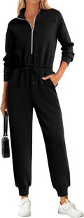 Long Sleeve Jumpsuits for Women - Half Zip Casual Pant Romper