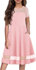 Tween Girls Contrast Mesh Short Sleeve A Line Party Dress - Pockets