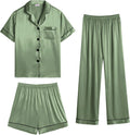 SWOMOG Womens Silk Satin Pajama Sets 3Pcs Short Sleeve - Soft
