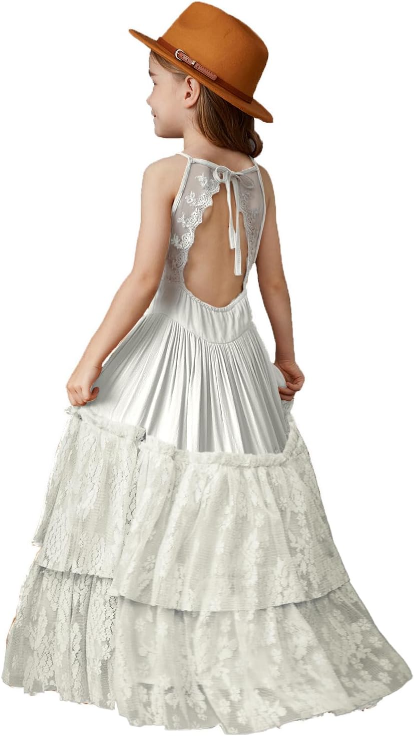 BIBIHOU Girls Kids Lace Back Full-Length Tulle Party Dress