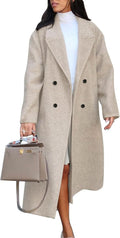 Flygo Womens Long Pea Coat Notch Lapel Double Breasted Trench Coat