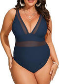 Plus Size One Piece Swimsuit V Neck Mesh Sheer Tummy Control