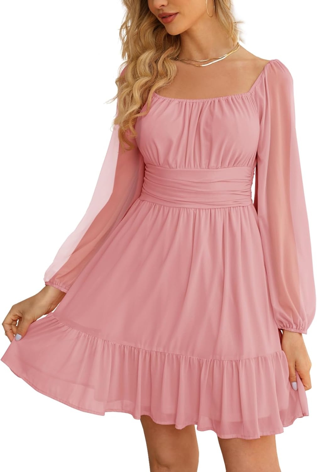 Wenrine Women's Mesh Long Sleeve Square Neck Dress for Parties