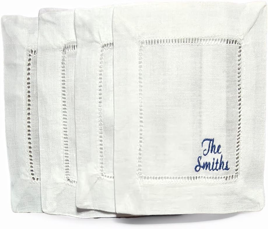 Custom Family Name Linen Coasters Set by TYCEmbroidery