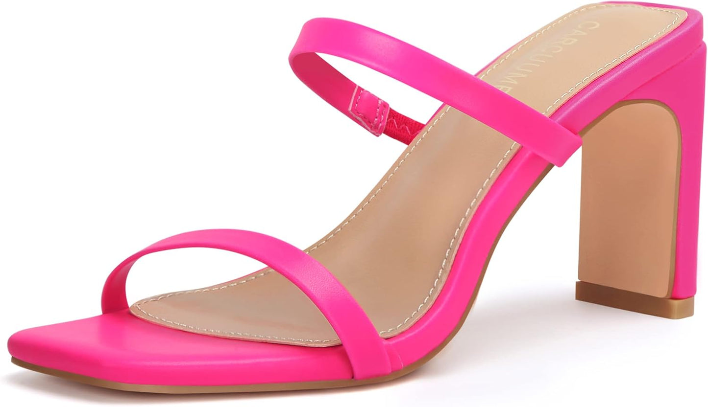 Carcuume Women's Square Toe Two Strap Open Toe Block Heels