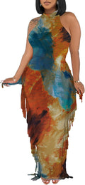 2 Piece Outfits for Women Backless Crop Top and Tassel Skirt Set