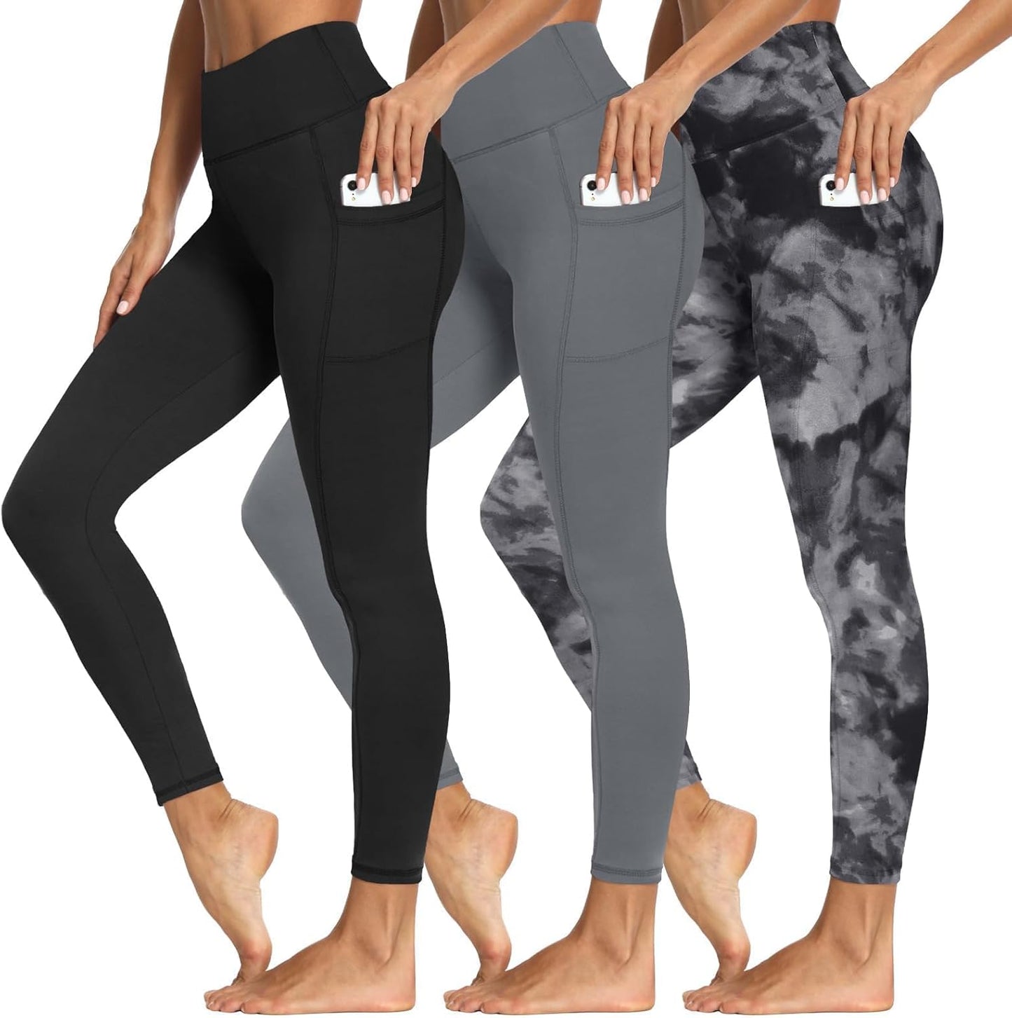 3 Packs Leggings with Pockets for Women, Soft High Waisted Pants