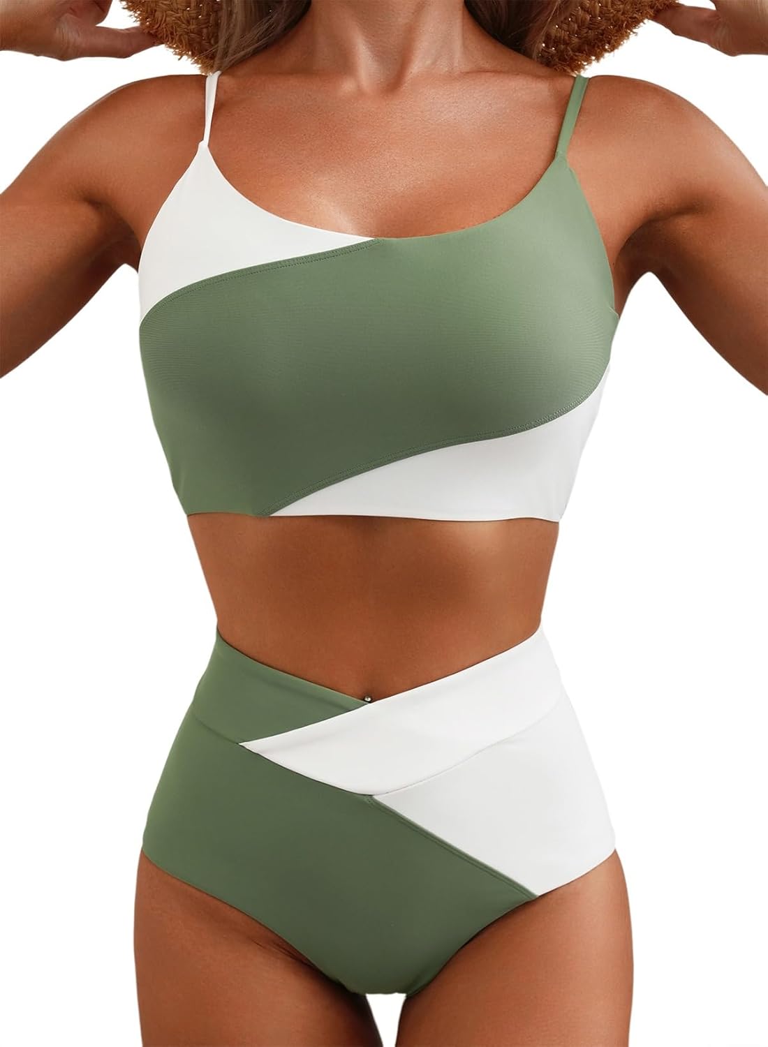 Herseas Women 2 Piece High Waisted Color Block Bikini Swimsuit