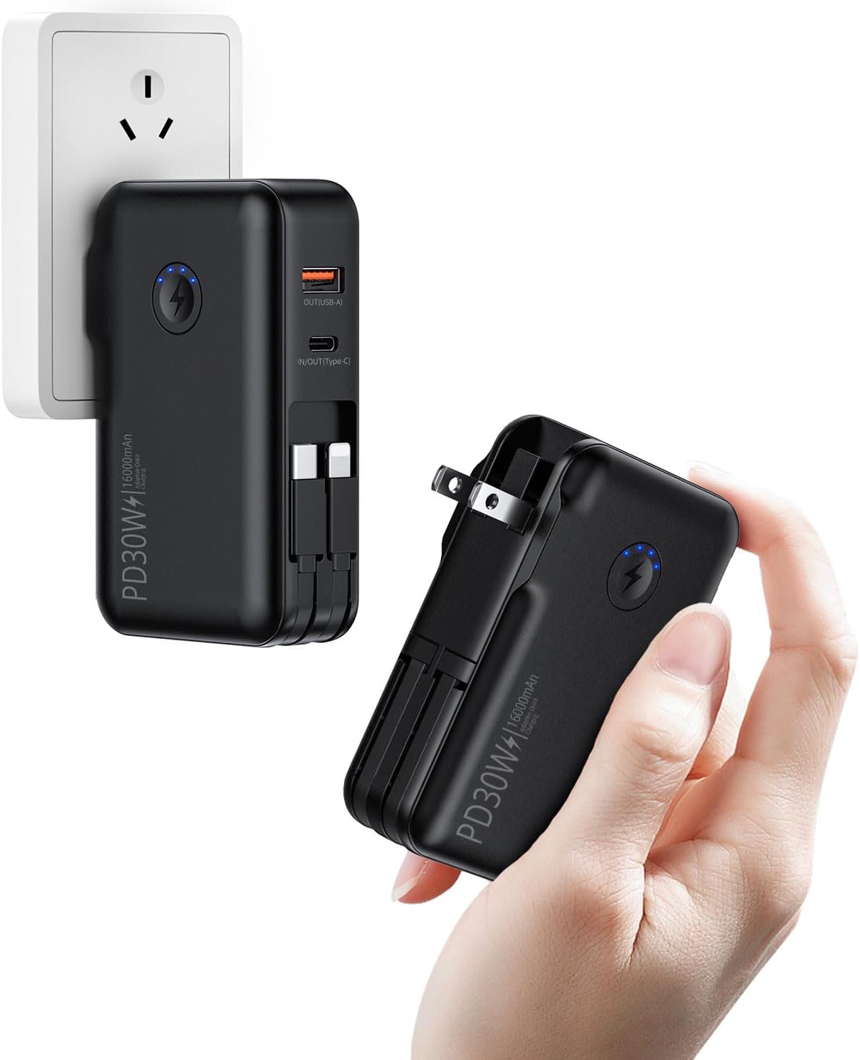 QiSa 16000mAh Portable Power Bank with Built-in AC Plug - Fast Charging for iPhone & Android