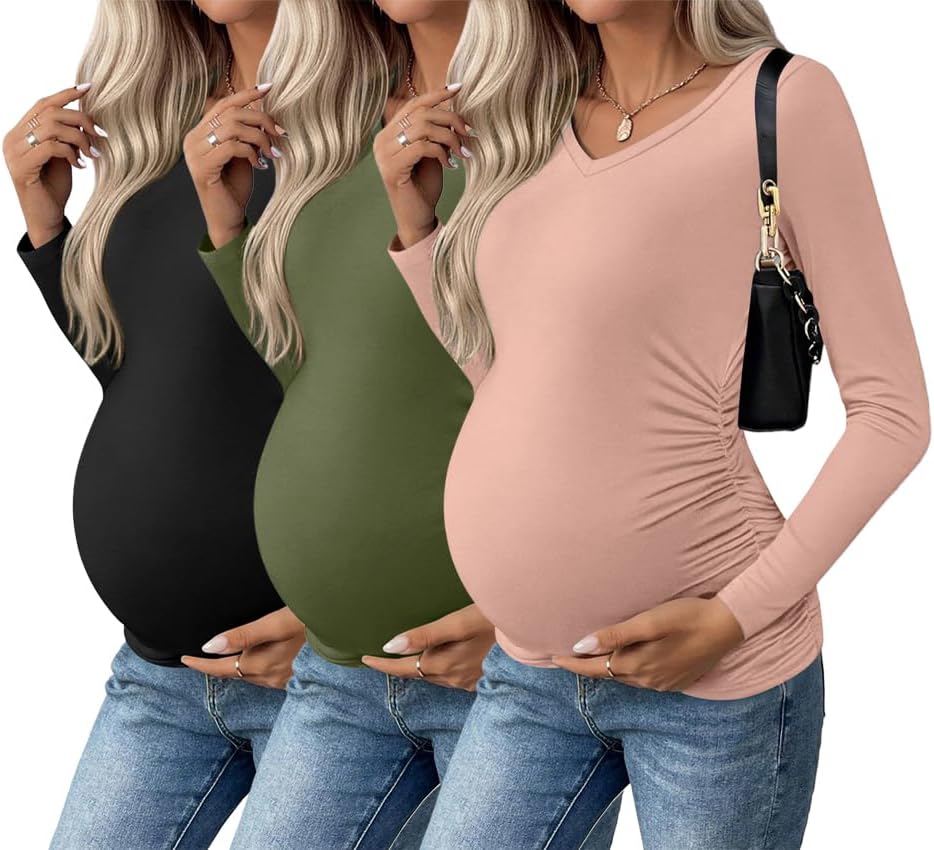 Ekouaer Womens Maternity Shirts Long Sleeve 3 Pack V-Neck Tops