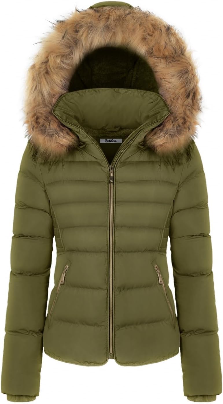 BodiLove Women's Fur Hooded Thickened Jacket for Winter Warmth