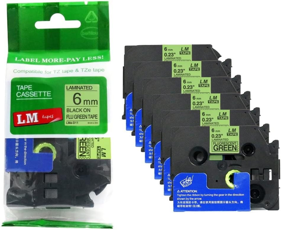 6/Pack LM Tapes - Premium Black Print on Bright Green Labels