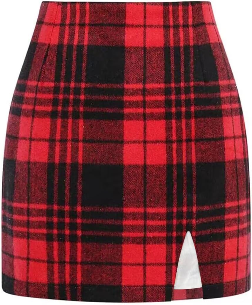 Plaid Mini Skirts for Womens High Waisted Wool Bodycon Style