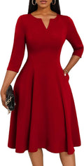 Nmoder Midi Dress A-Line Fit and Flare 3/4 Sleeve V Neck - Versatile