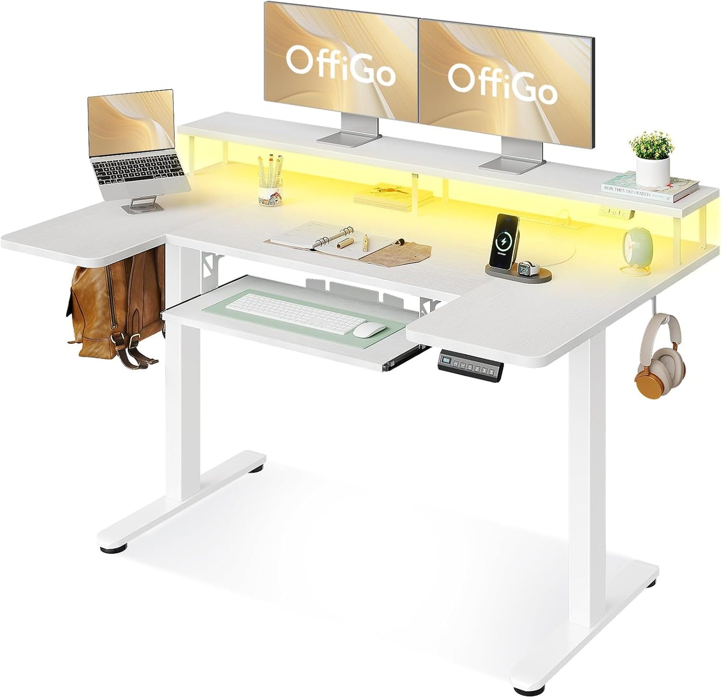 Height Adjustable U-Shaped Desk - Power Outlets, LED Lights - OffiGo