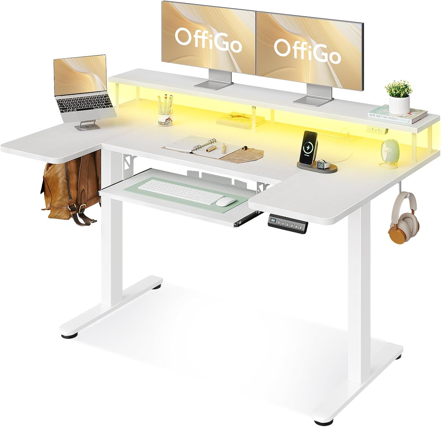 Height Adjustable U-Shaped Desk - Power Outlets, LED Lights - OffiGo