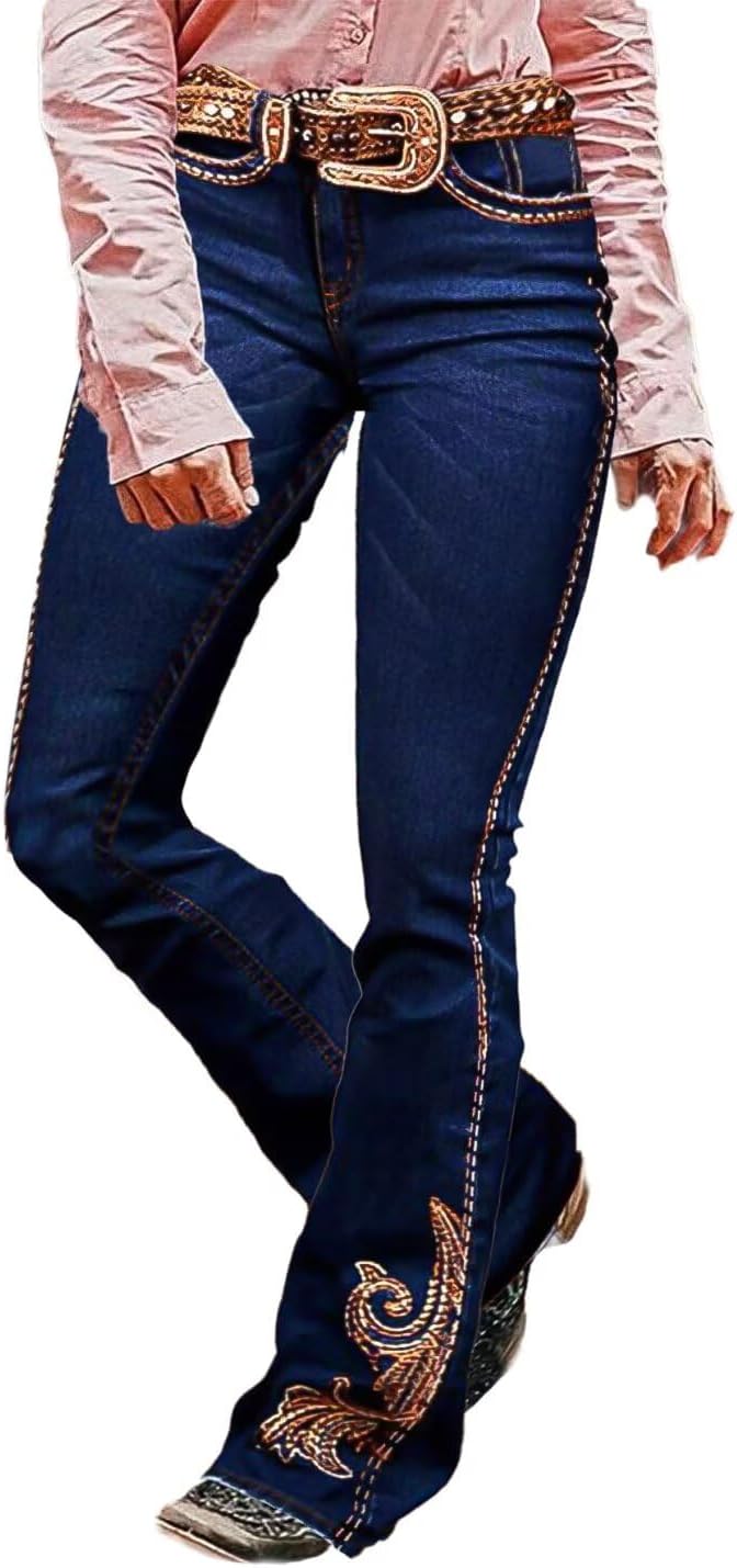 Flamingals Women's Floral Embroidery Bootcut Jeans with Pockets