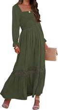 ZESICA Boho Square Neck Smocked Lace Trim Maxi Dress - Flattering Fit