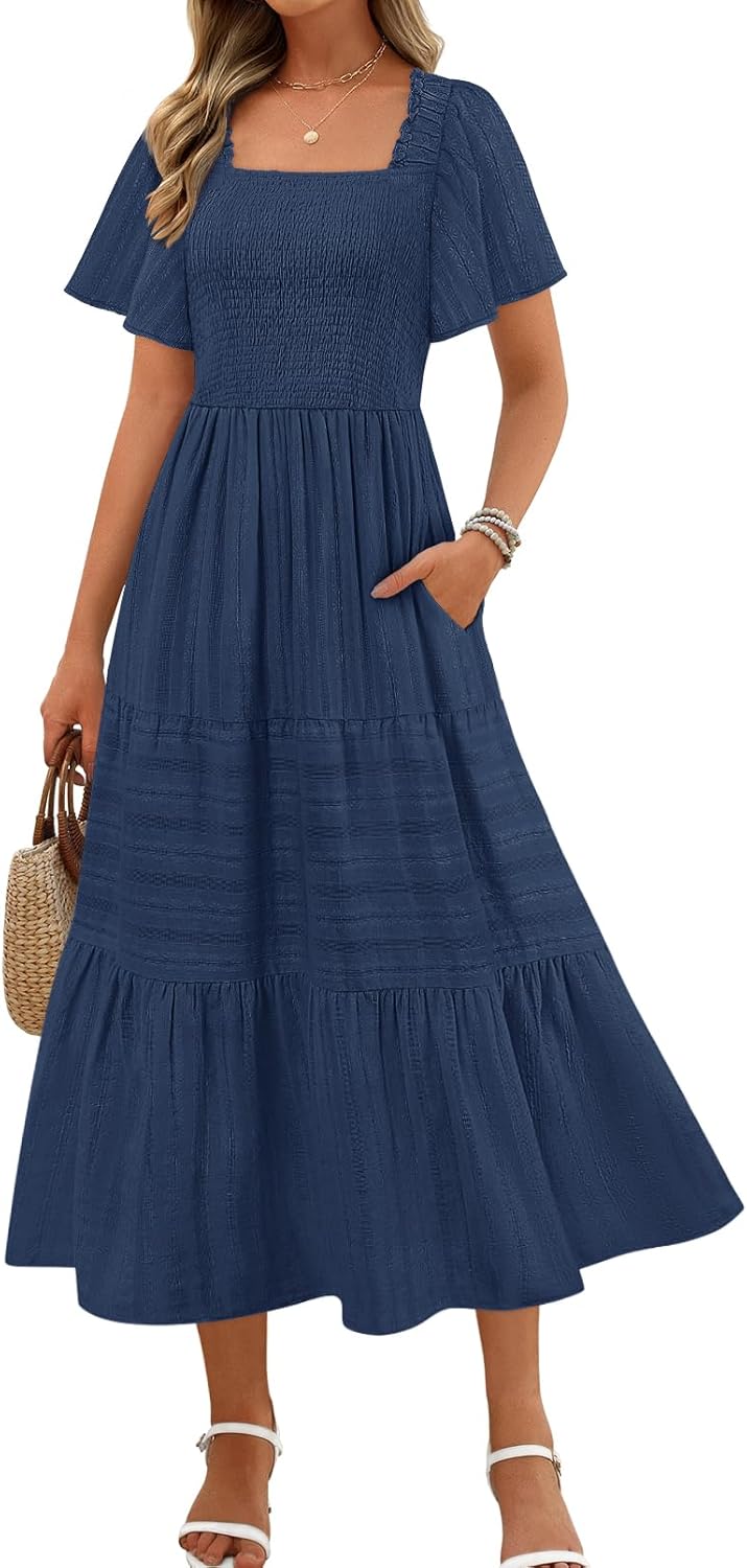 MEROKEETY Women's Summer Flowy Midi Maxi Dress with Pockets