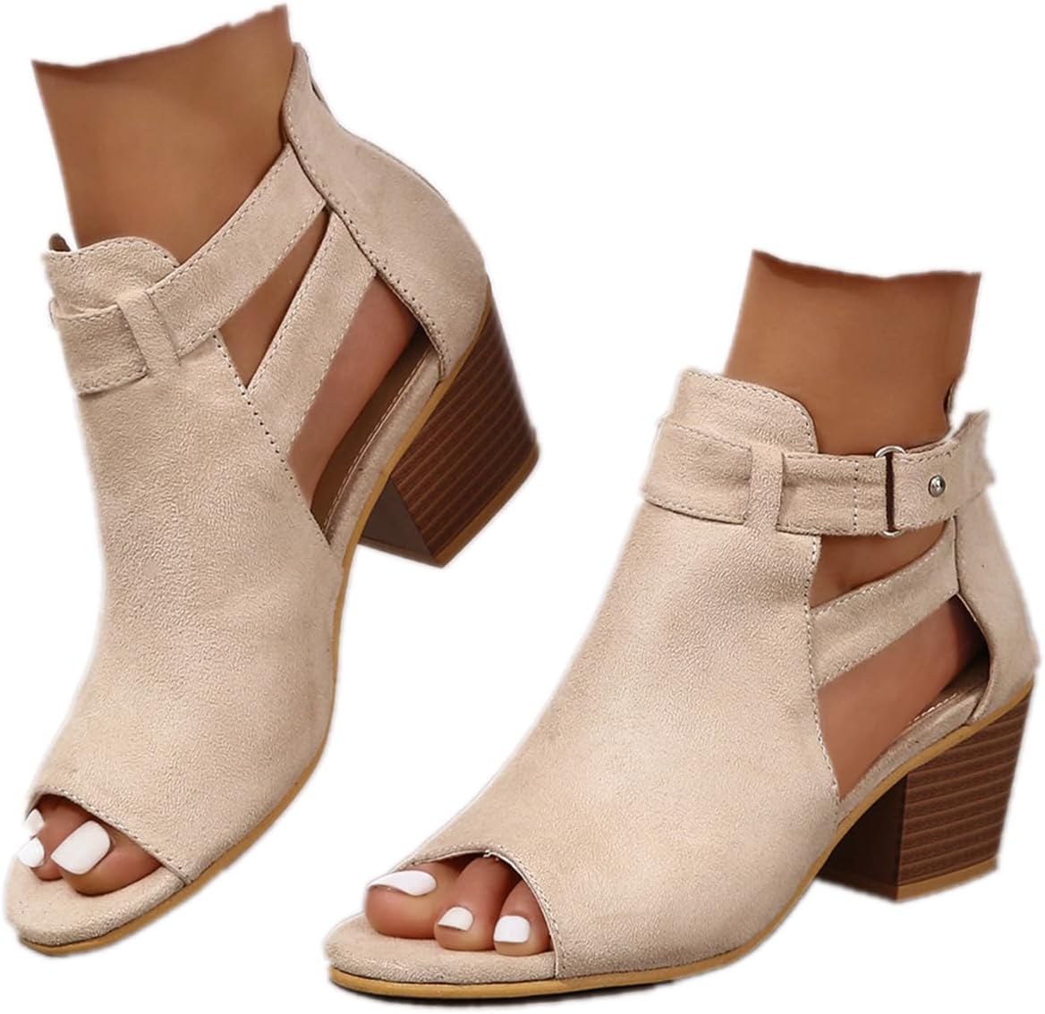 Womens Peep Toe Ankle Booties with Chunky Heels and Zipper