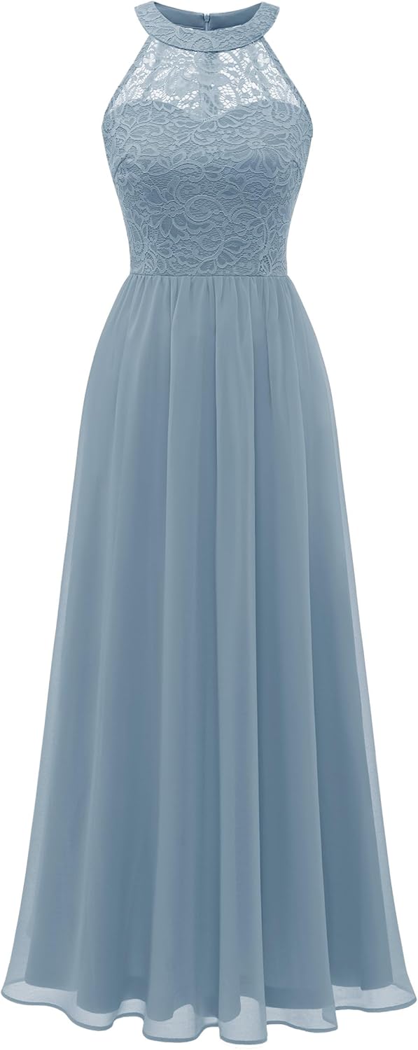 Halter Long Prom Dress for Women - Floral Lace Bridesmaid Dress