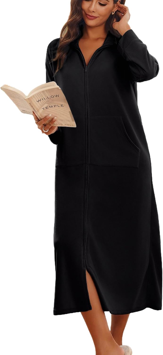 Ekouaer Women Zipper Robe Long Sleeves Soft Bathrobe with Pockets