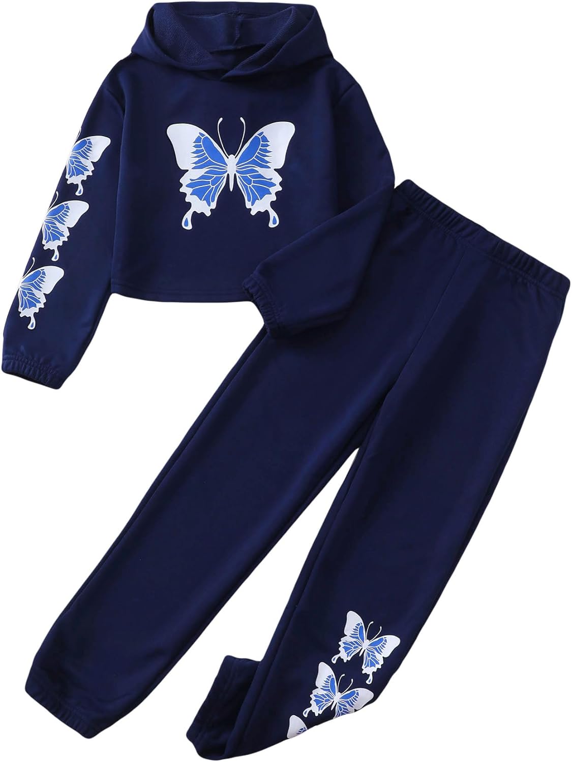 Girls' Butterfly Print Crop Top Hoodie and Sweatpants Set