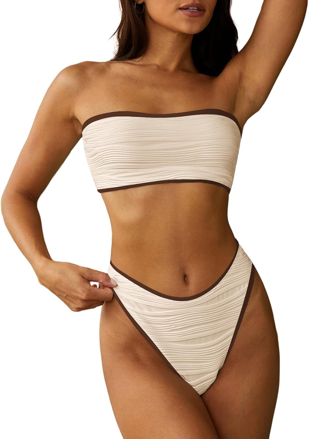 ZAFUL Women Strapless Textured Bandeau Bikini for Beach Fun