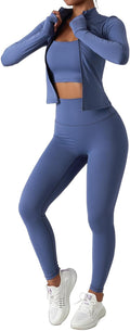 Womens 3 Piece Workout Set with Zip Jacket & High Waist Leggings