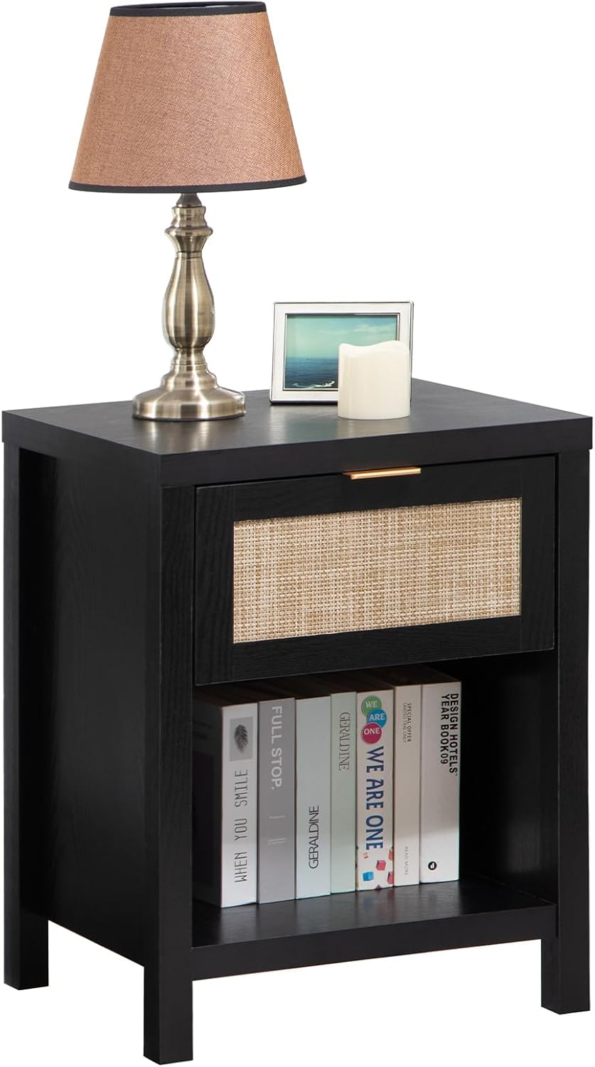 SICOTAS Rattan Nightstand - Stylish Farmhouse Side Table for Bedroom