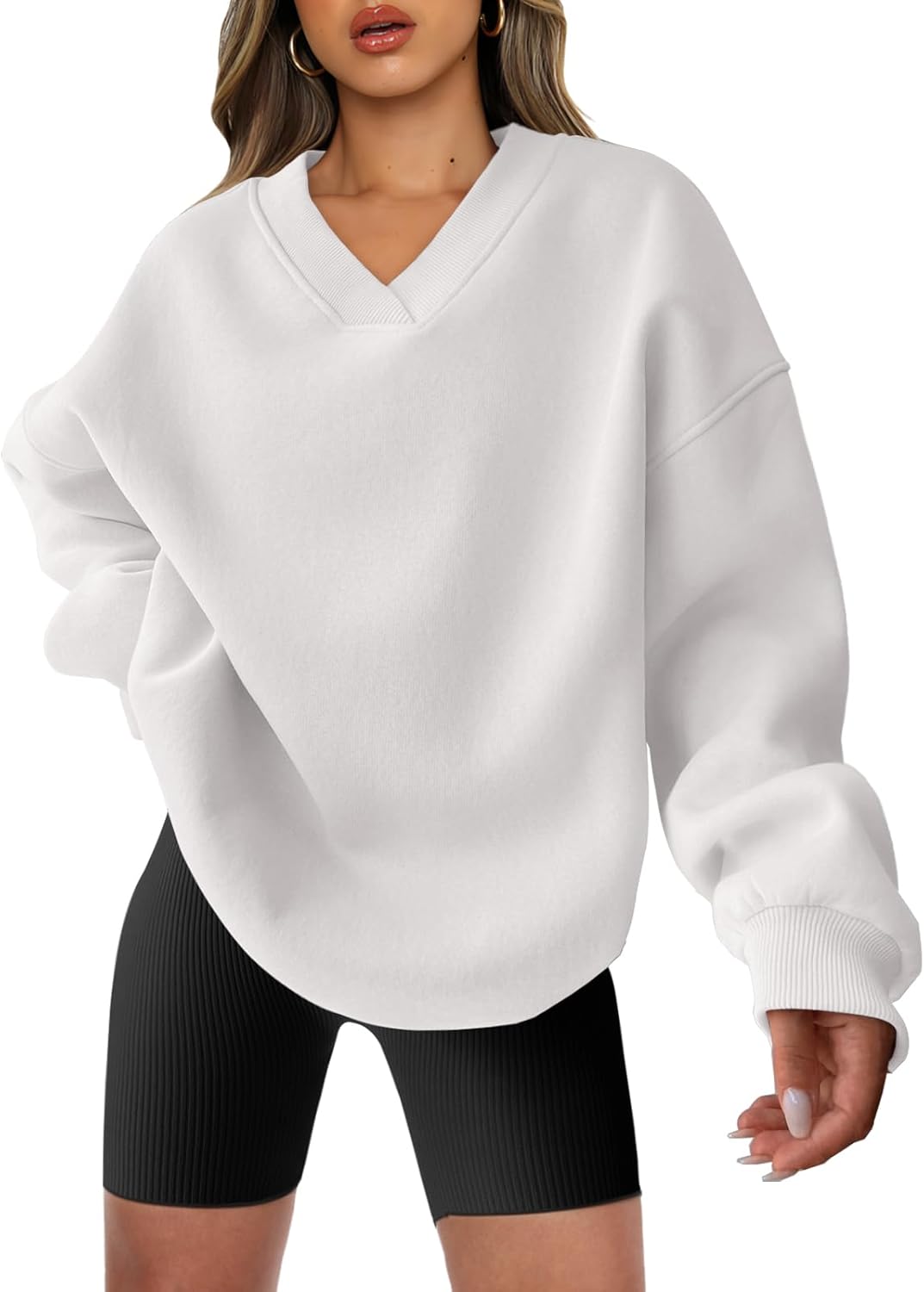 Oversized V Neck Sweatshirt for Women - Comfy Fleece Hoodie
