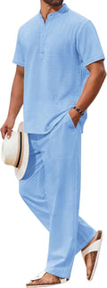 Men's 2 Piece Cotton Sets Casual Henley Shirt and Beach Pants