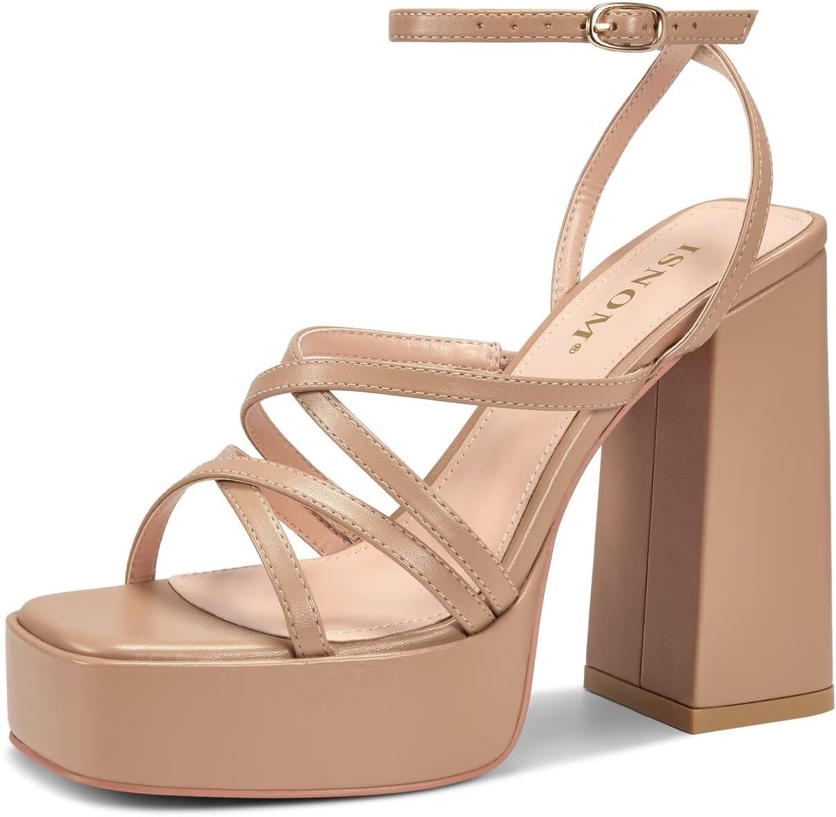 ISNOM Platform Chunky Heels for Women with Open Square Toe