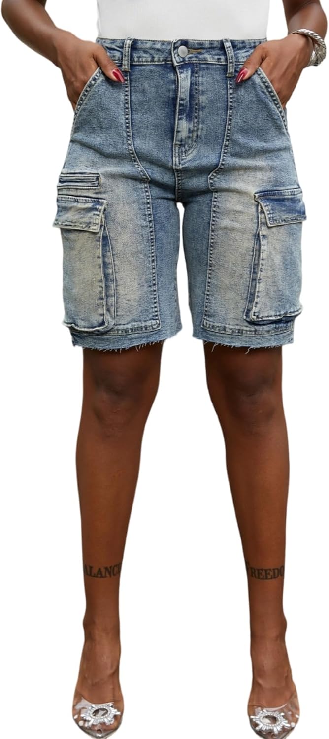 High Waisted Denim Shorts for Women - Casual Cargo Style