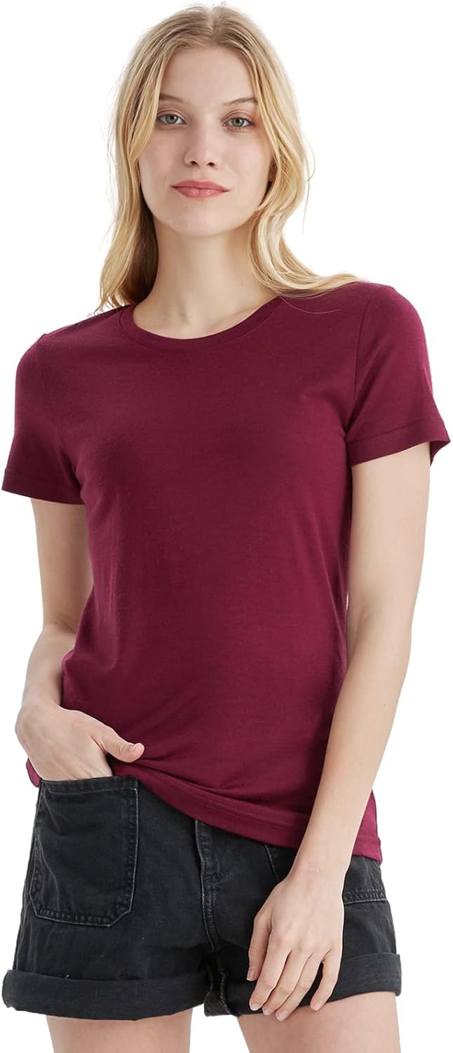 Merino Wool T Shirts for Women - Odor Resistant Crew Neck Tee