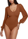 Womens Mesh Long Sleeve Bodysuit V Neck Slimming Bodysuit - Sleek Fit