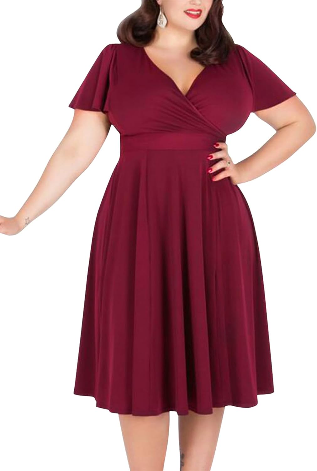 Plus Size Casual Summer V Neck Midi Dress with Pockets