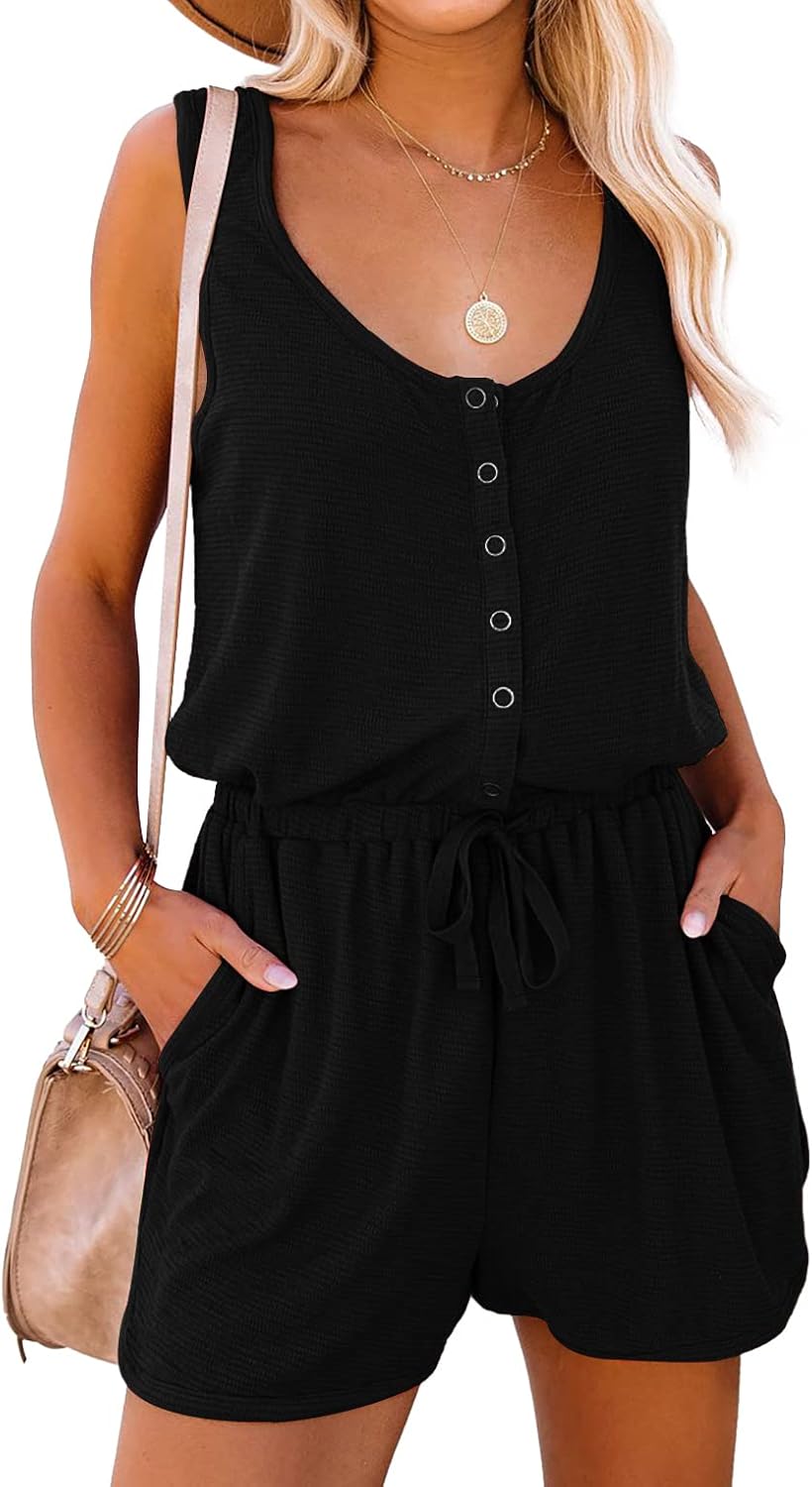 Mafulus Womens Summer Scoop Neck Button Down Jumpsuit Romper