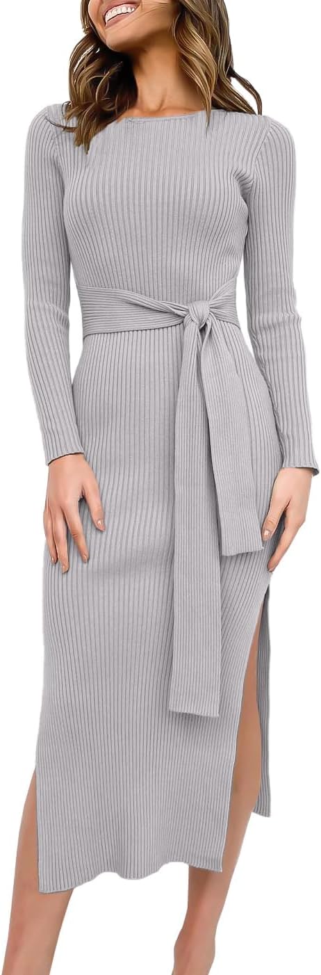 Womens Long Sleeve Sweater Dress with Tie Waist and Slit