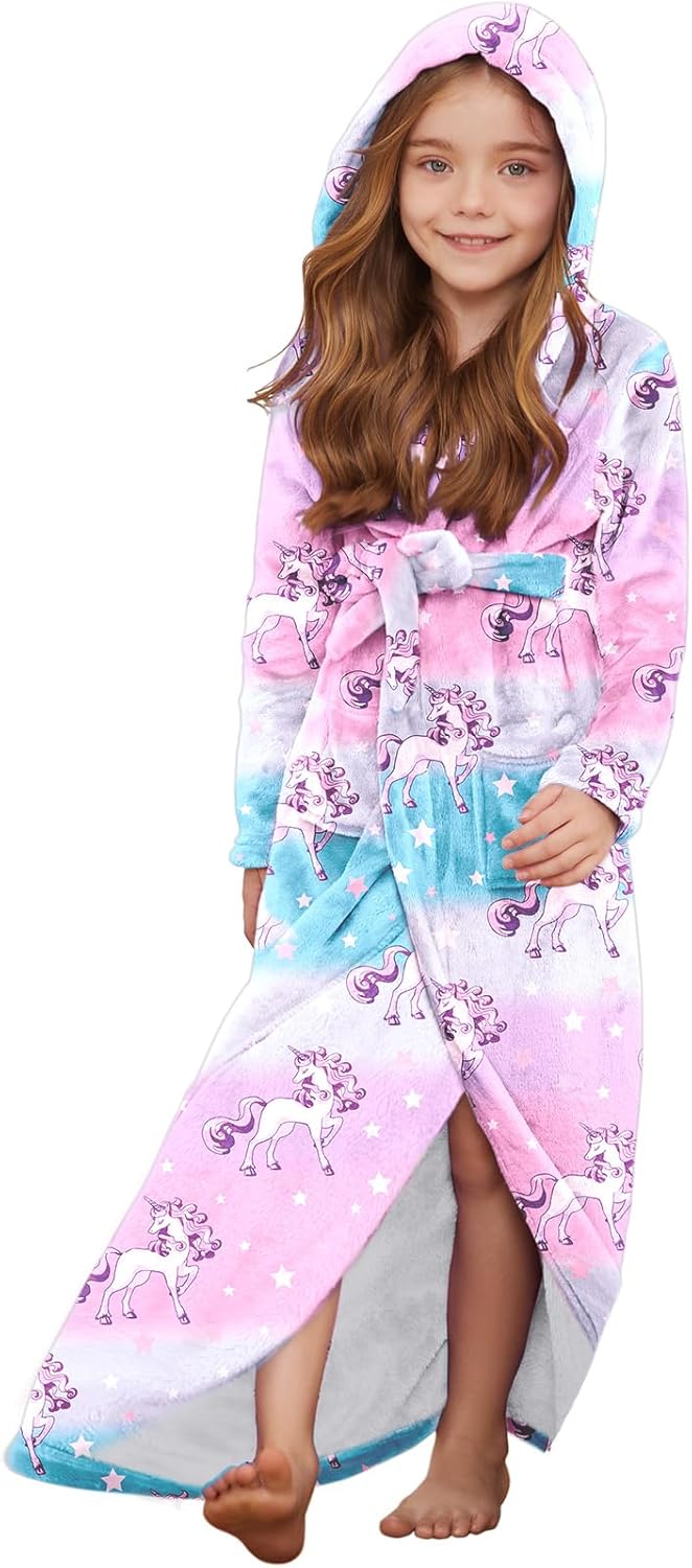 Jxstar Girls Bathrobes Long Hooded Plush Full Length Sleepwear