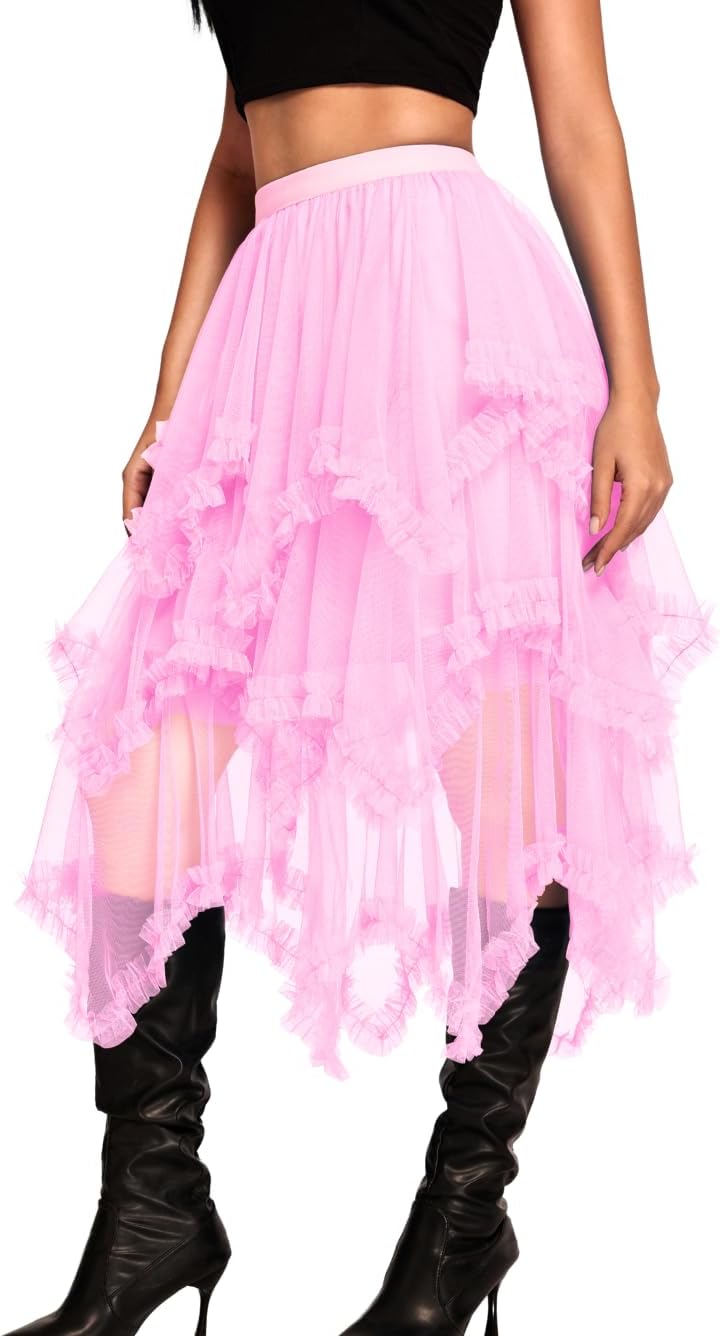 Kaei&Shi Long Tulle Skirt for Women - Asymmetrical Ruffle Design