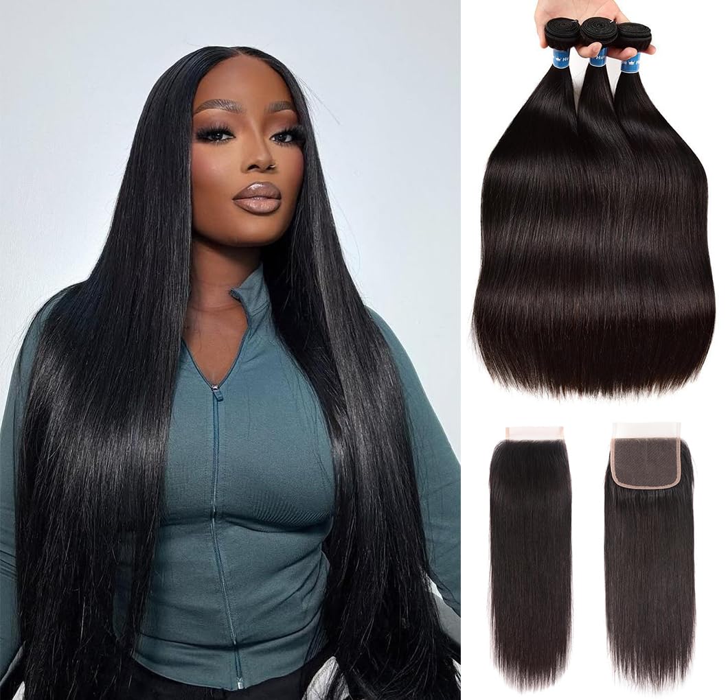 Brazilian Virgin Straight Hair Bundles with Closure for Style