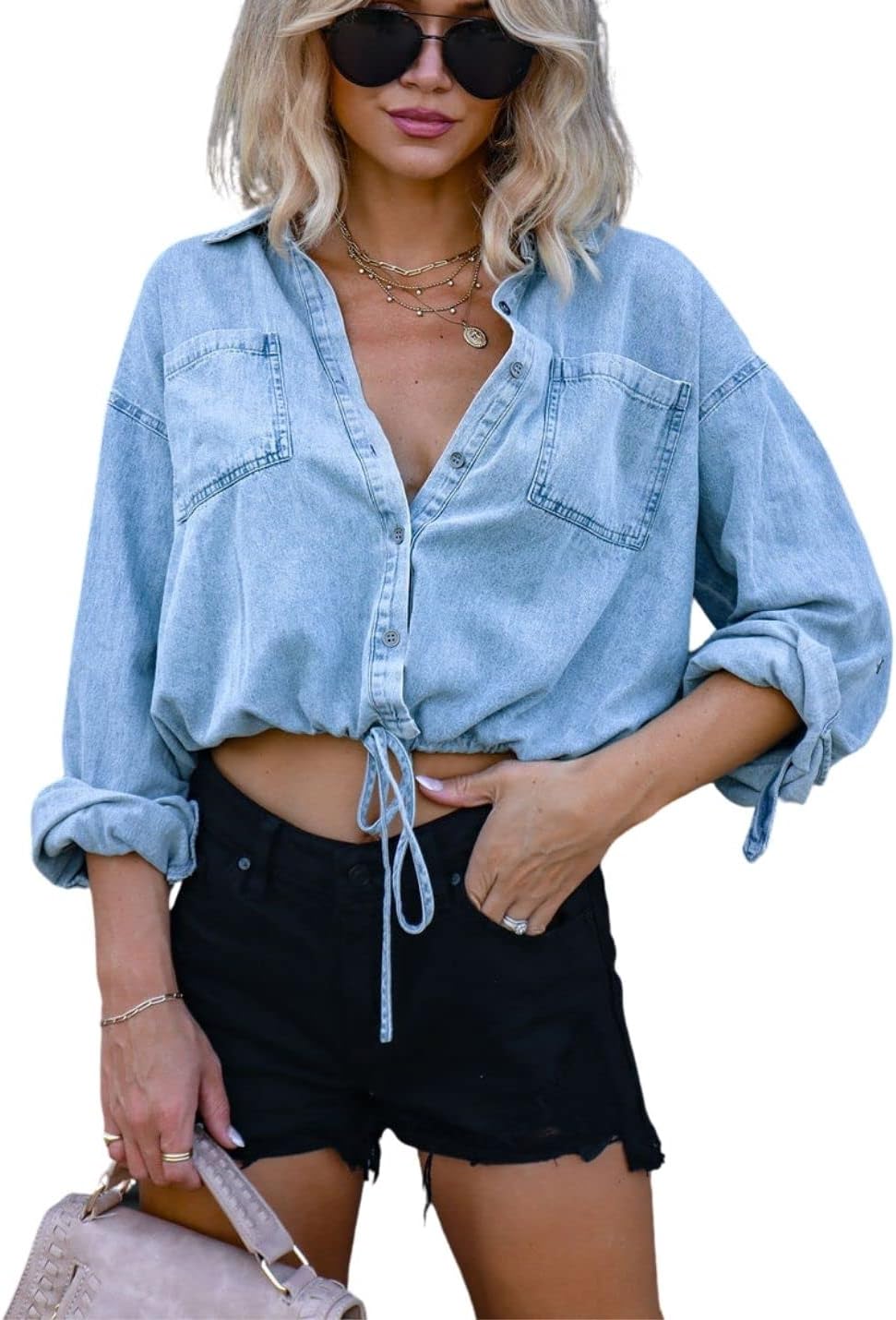Cropped Denim Shirt for Women - Stylish Casual Button Down Top