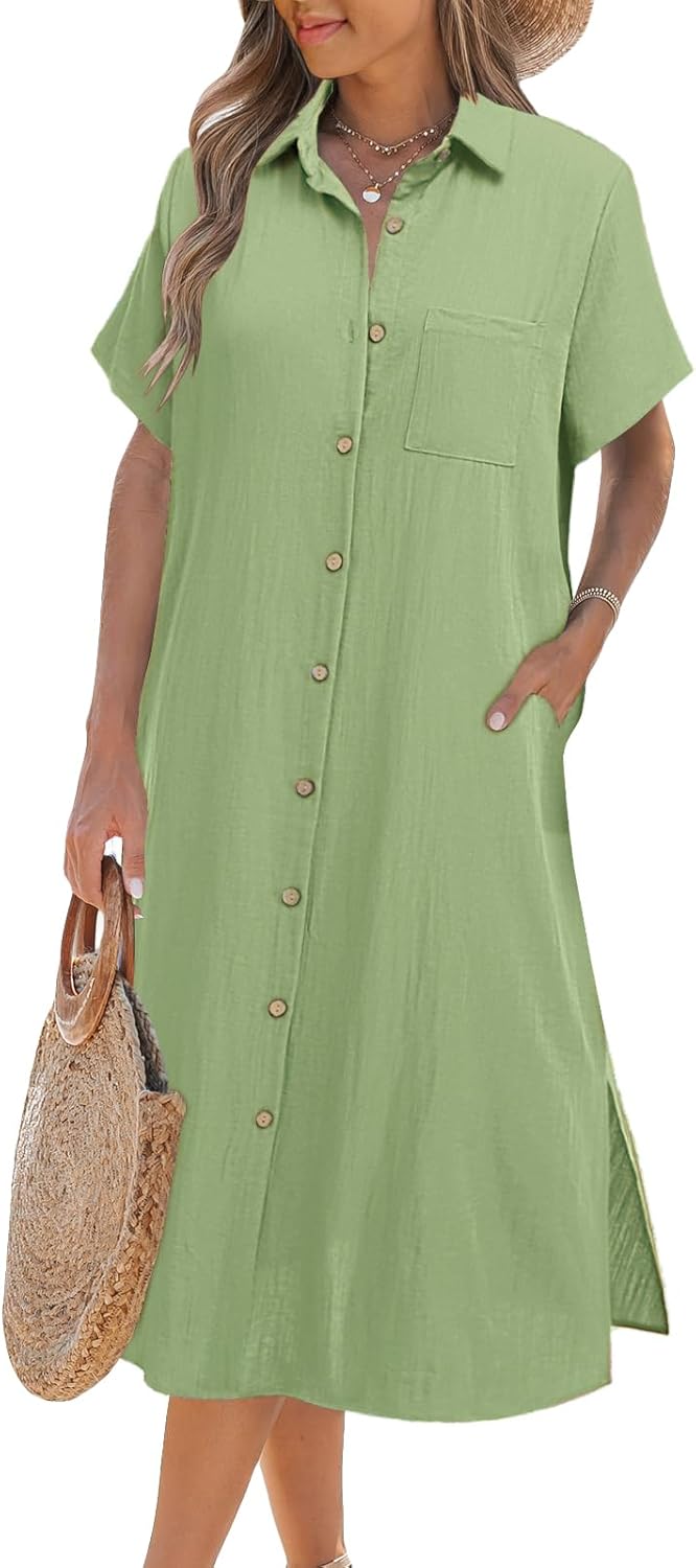 Zeagoo Women Summer Casual Short Sleeve Button Down Dress