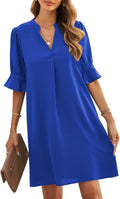 Womens V-Neck Ruffled Short Sleeve Dress - Lightweight Polyester Shift