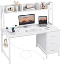 White Desk with Hutch & Drawers - Modern, Storage, Power Outlets